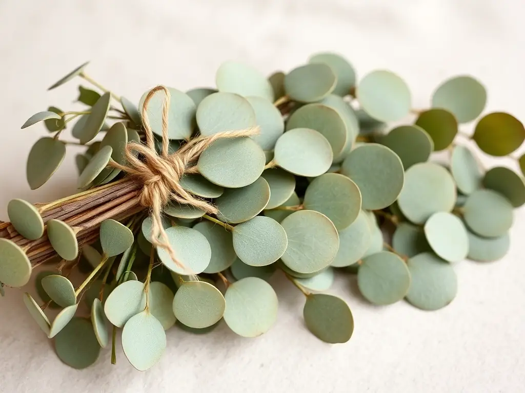 A detailed image of a dried eucalyptus bundle, featuring a mix of round and elongated leaves in various shades of green, tied together with a simple twine, set against a neutral background.
